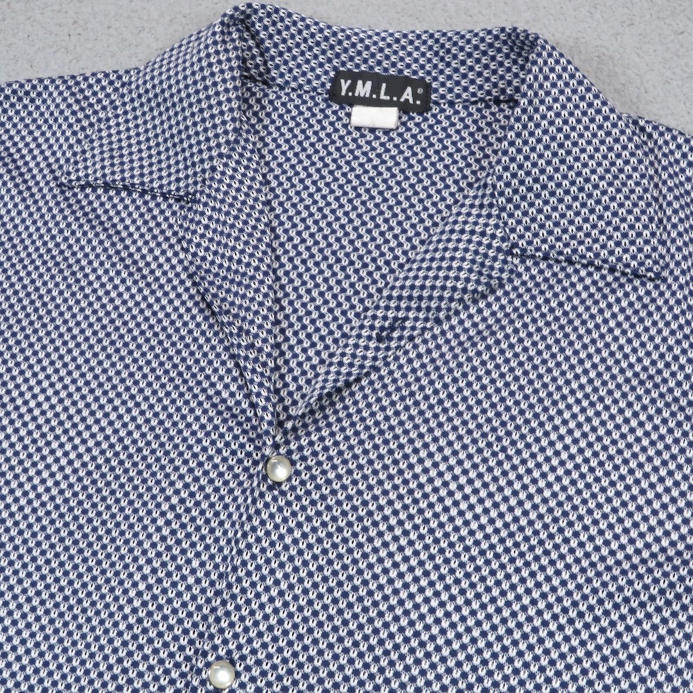 VTG YMLA Mens Medium Blue Birdseye Knit Pearl Snap Club Raver Camp Shirt CNH625